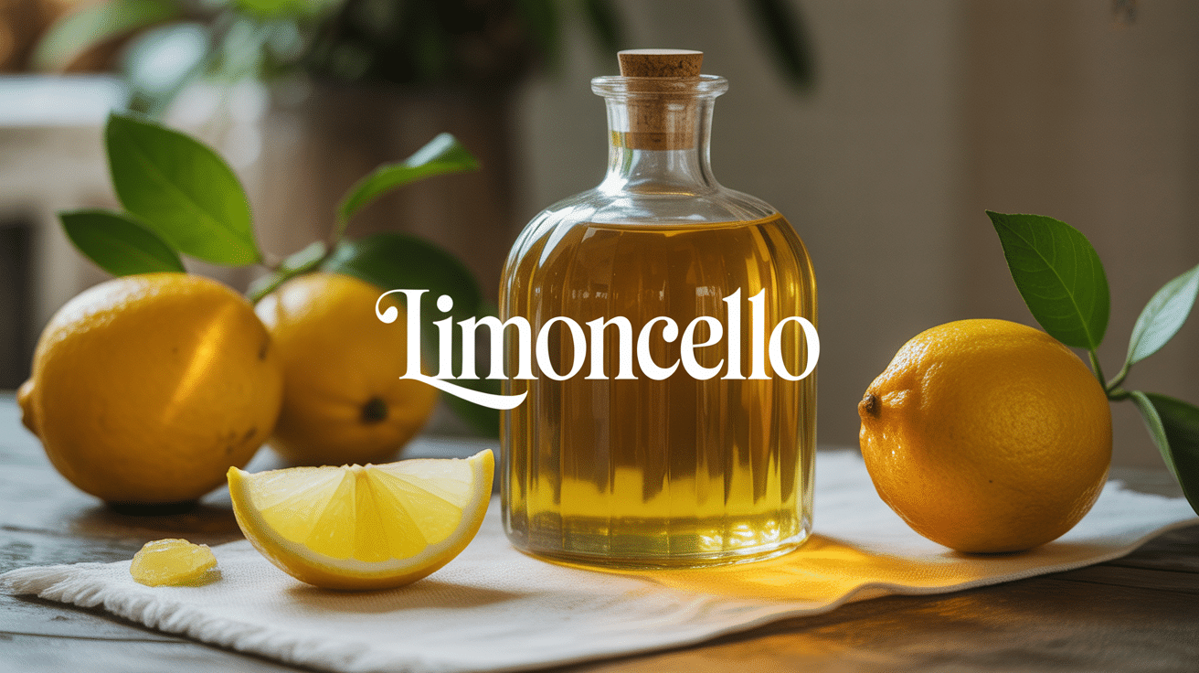 bouteille de limoncello et citrons sur table rustique