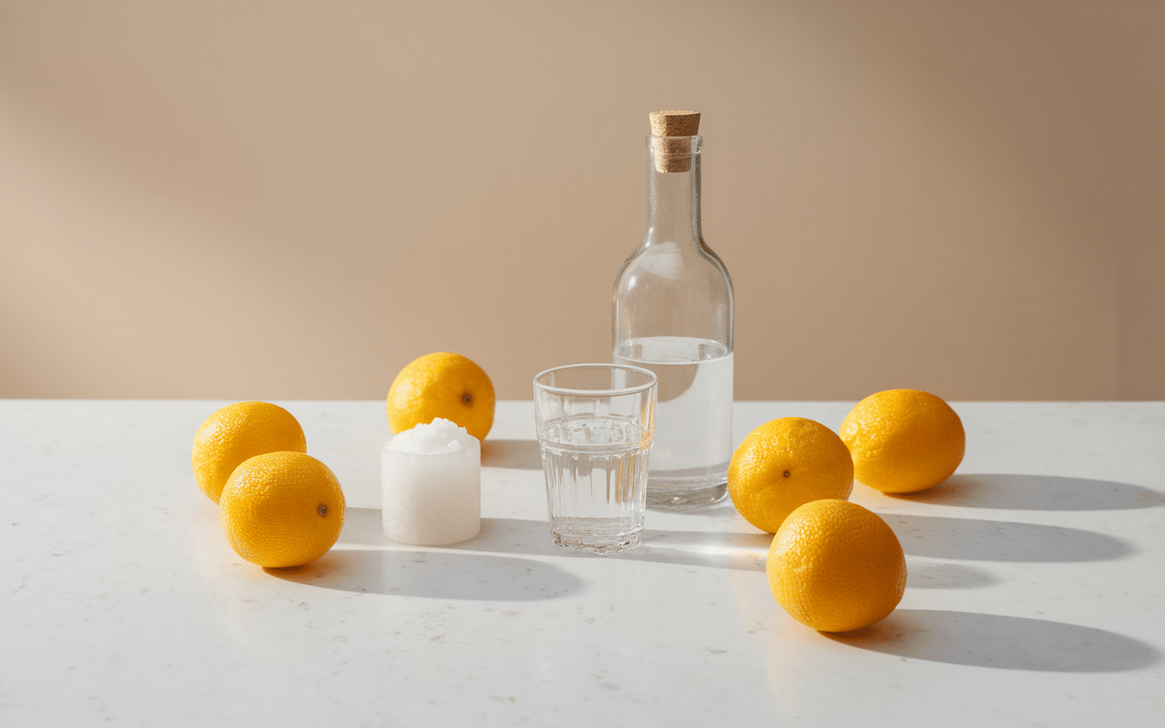 ingrédients pour limoncello avec citrons et alcool