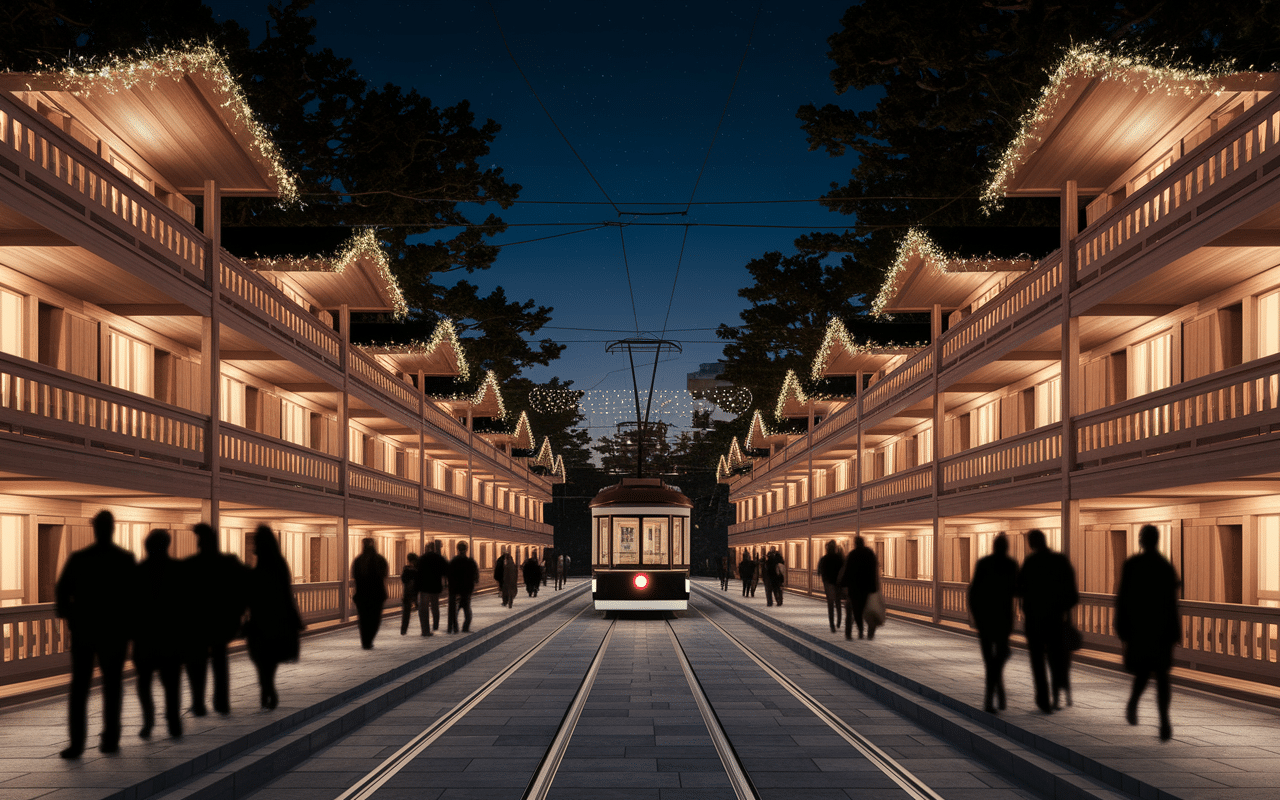 Allée du marché de Noël Bordeaux avec chalets et tramway