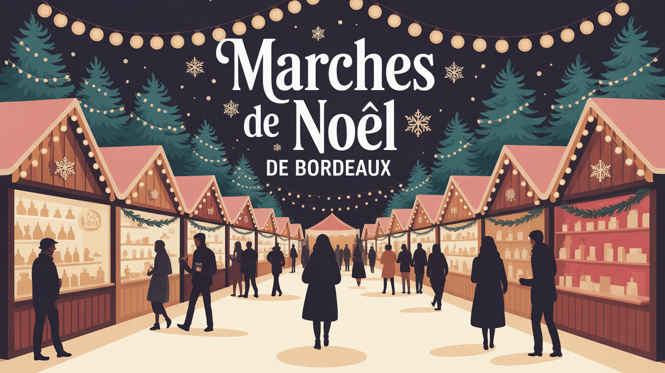 Marché de Noël Bordeaux avec chalets et sapins illuminés