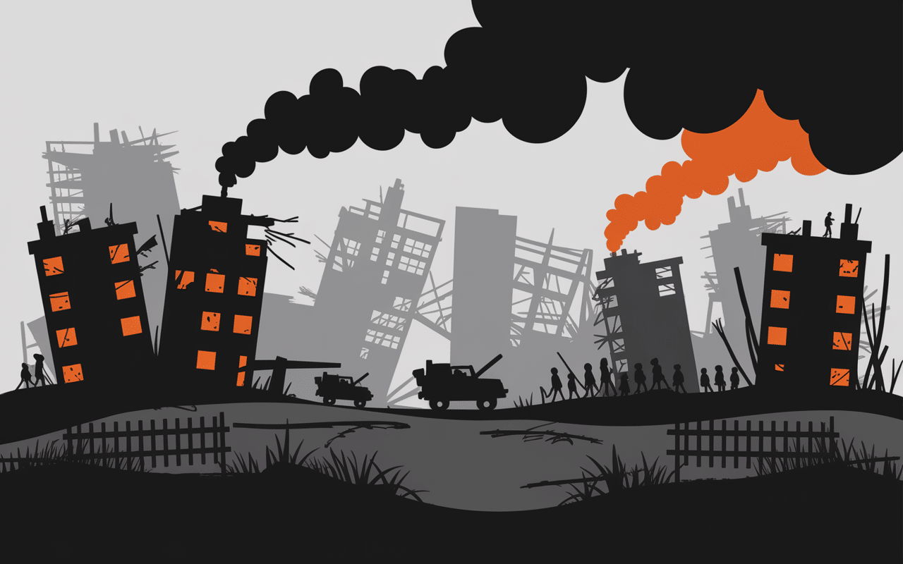 Scène conflit Al Khalis bâtiments endommagés fumée