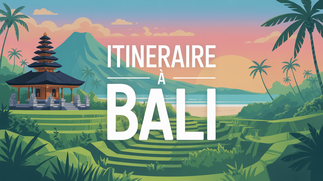 bali itineraire illustration paysage tropical temple volcan