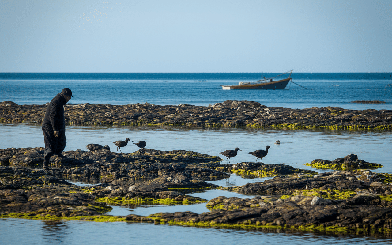 Scène la marée pêcheurs à pied coquillages oiseaux mer