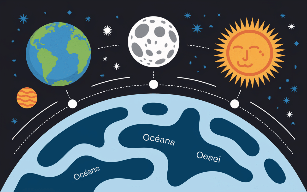 Illustration la marée Terre Lune Soleil forces gravitationnelles