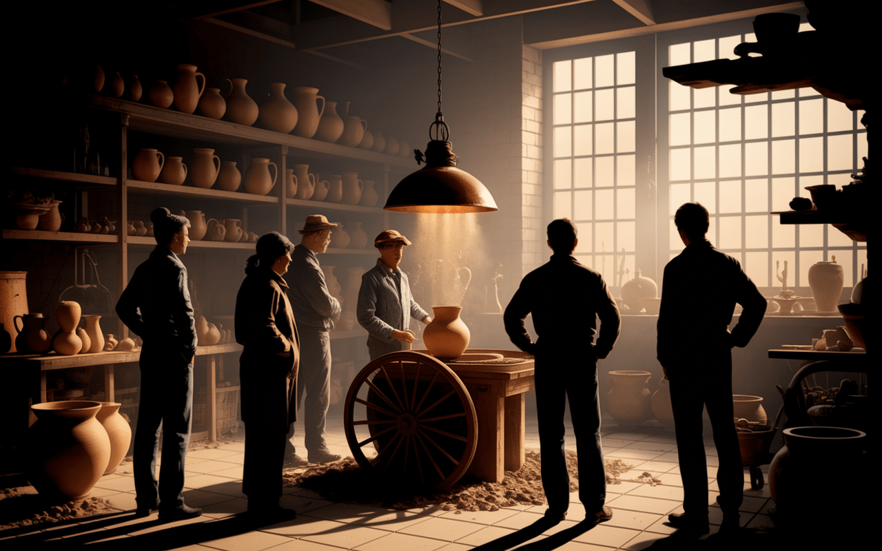 Atelier potier route des artisans avec visiteurs