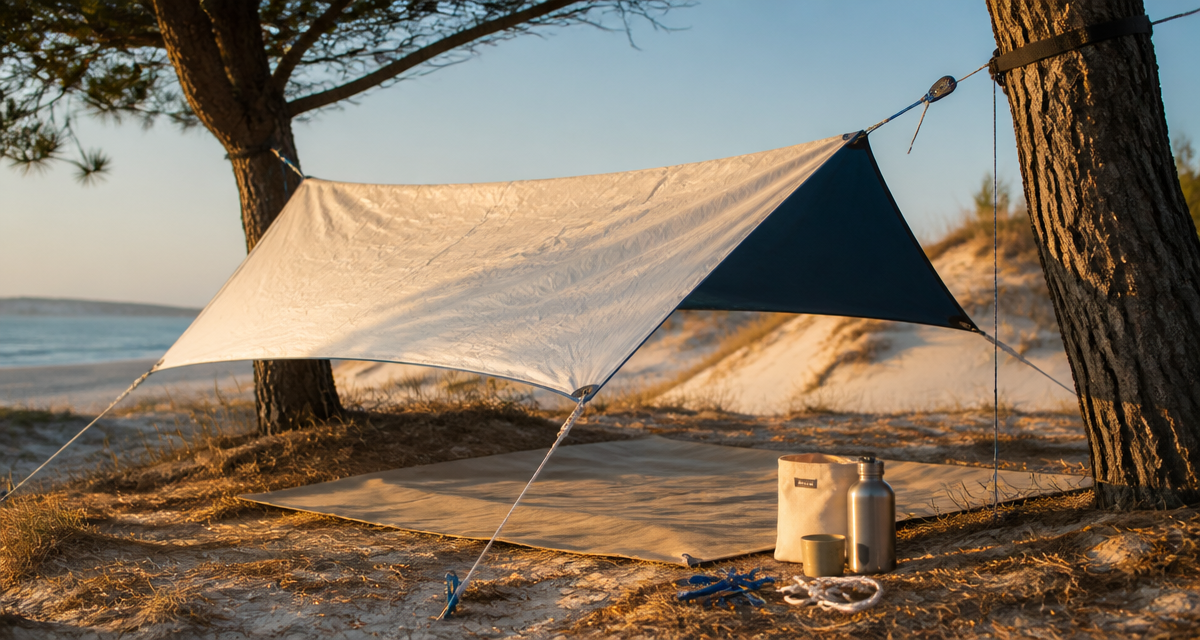 bache camping tendue entre arbres sur plage au coucher de soleil
