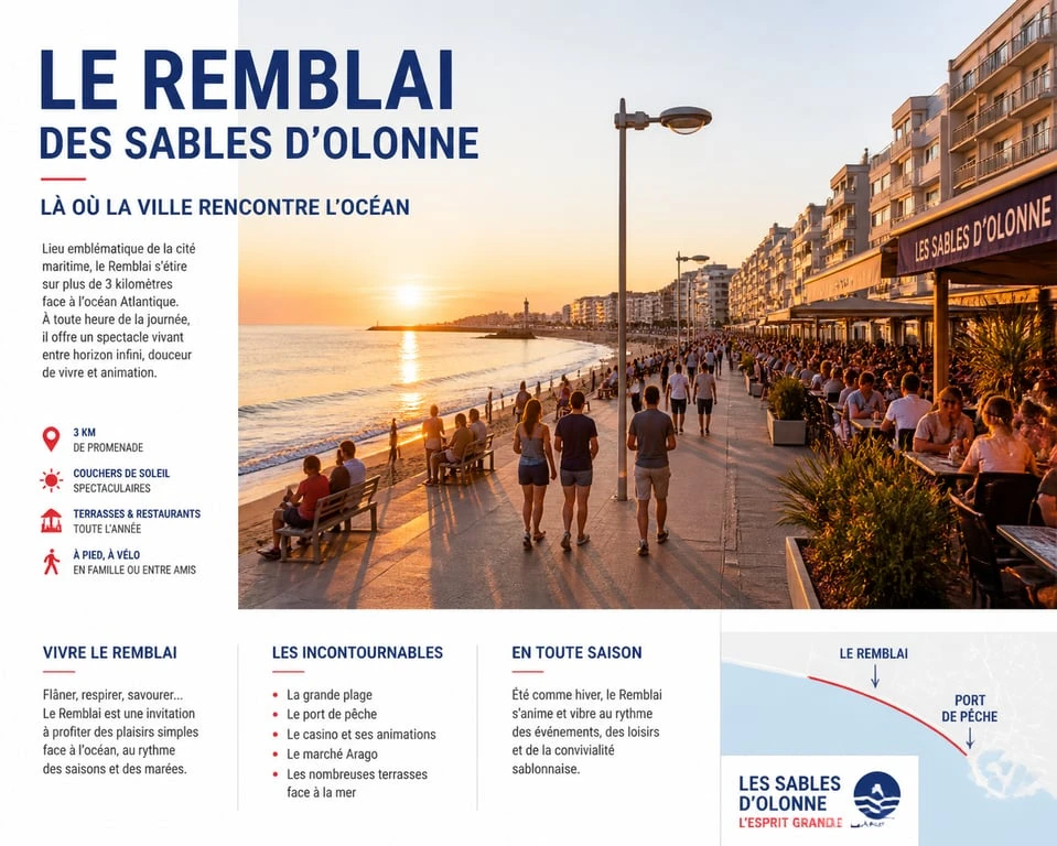 Ambiance animée sur le Remblai des Sables d'Olonne au coucher du soleil