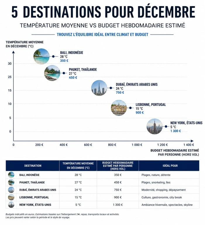 Comparatif des destinations soleil pas chères en décembre : température et budget par pays