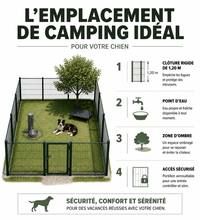 Schéma des critères d'un emplacement de camping avec clôture pour chien