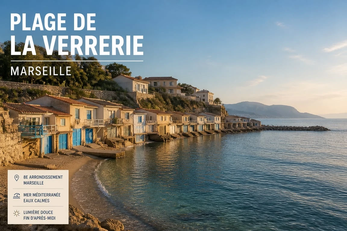 Plage de la Verrerie à Marseille avec ses cabanons typiques et vue sur la mer Méditerranée.