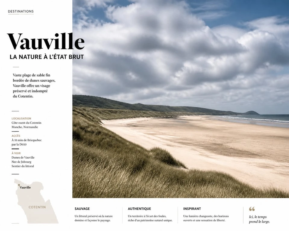 Vue panoramique de la plage de Vauville, un site naturel sauvage et préservé dans le Cotentin.