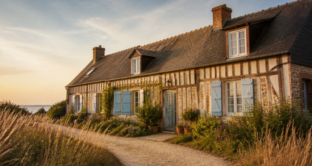 Longere normandie en silex et colombages au soleil