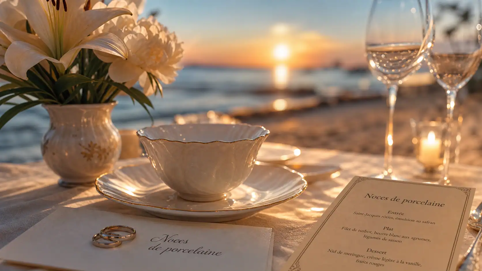 20 ans de mariage, noces de porcelaine : anneaux sur porcelaine au coucher du soleil