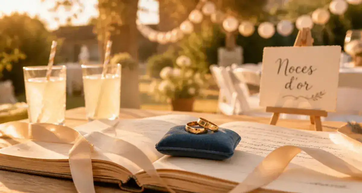 50 ans de mariage : alliances gravées sur coussin, livre d’or, décor Noces d’or