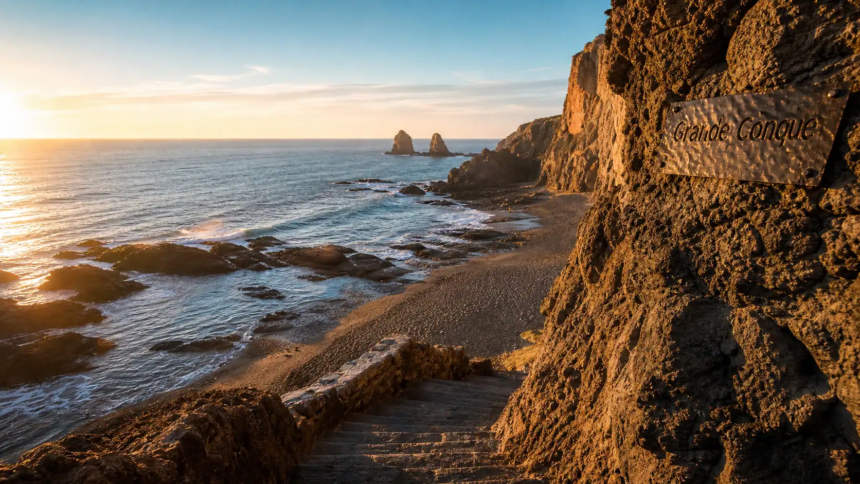 Cap d agde : basalte sombre et Méditerranée au golden hour
