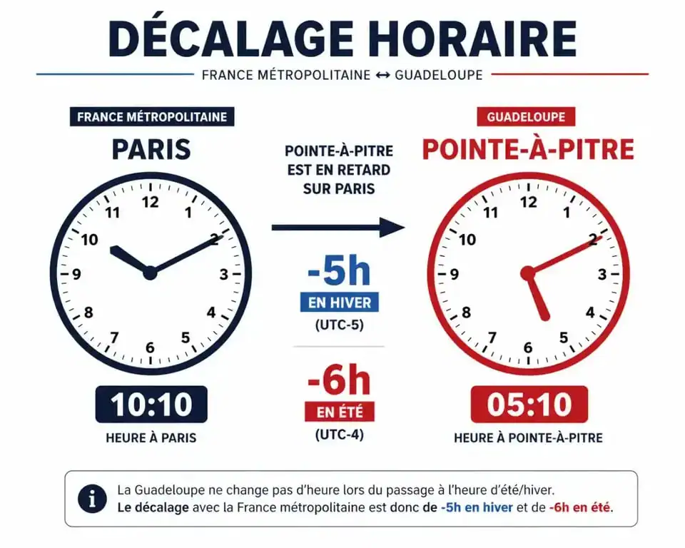 Infographie illustrant le décalage horaire entre la France et la Guadeloupe selon les saisons