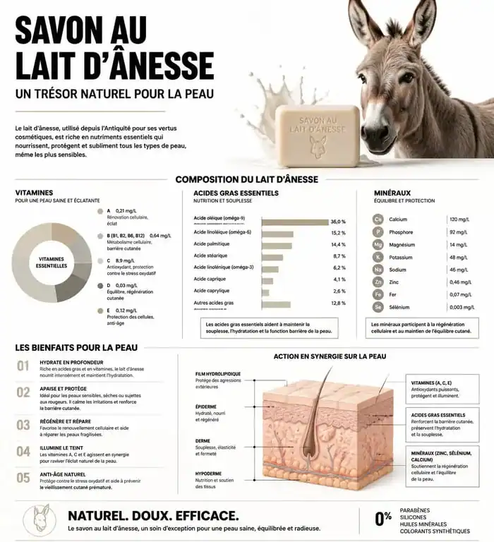 Infographie des bienfaits et de la composition du savon au lait d'ânesse pour la peau