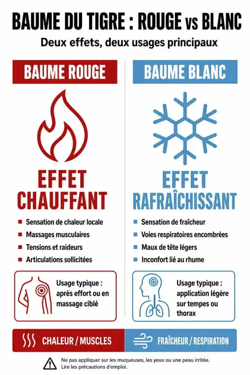 Infographie comparative des différences entre le baume du tigre blanc et le baume du tigre rouge pour le choix du traitement adapté