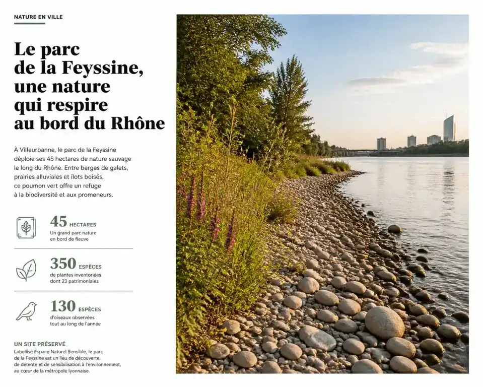 Vue panoramique des berges du Rhône au parc de la Feyssine à Villeurbanne, un espace naturel protégé.