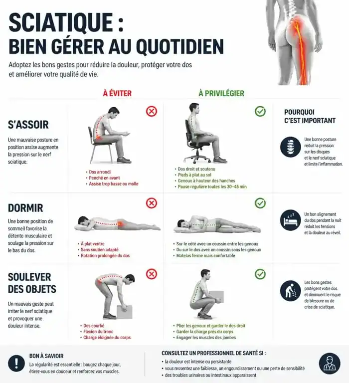 Infographie des positions à éviter et à adopter pour soulager une sciatique au quotidien.