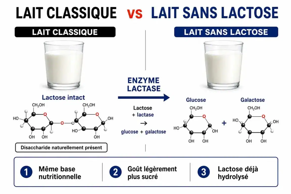 Infographie comparative : lait classique vs lait sans lactose et effets sur la santé