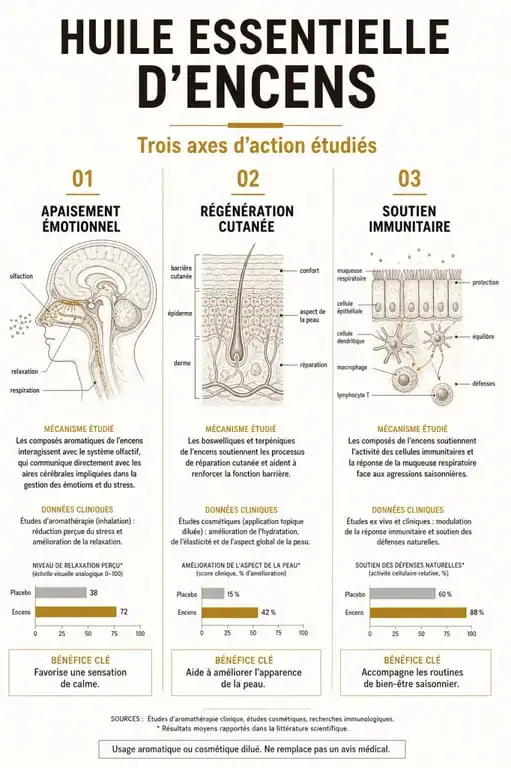 Infographie des bienfaits de l'huile essentielle d'encens pour la santé et le bien-être