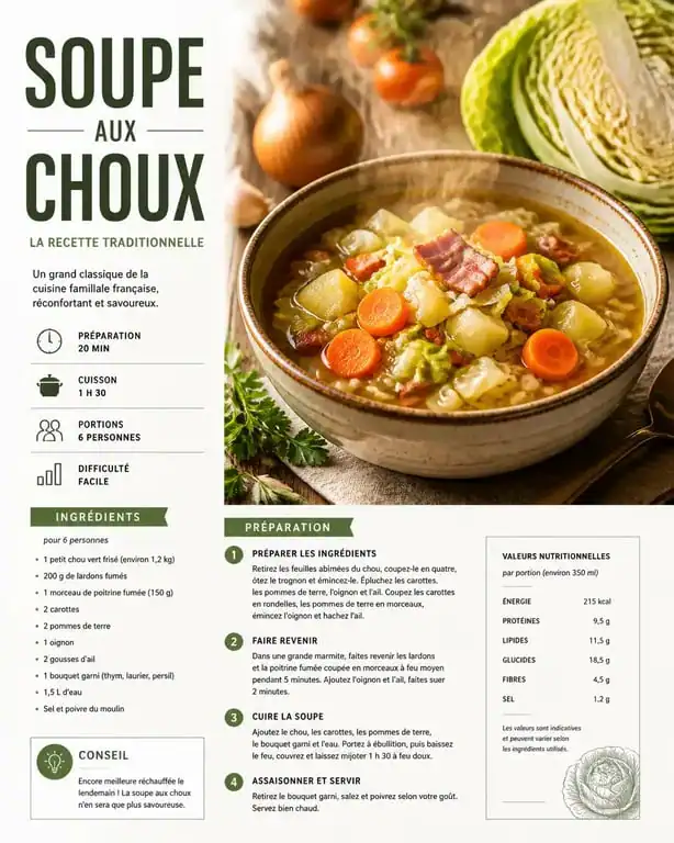 Recette de la soupe aux choux traditionnelle maison dans un bol rustique