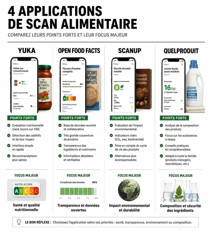 Comparatif des applications de scan alimentaire : Yuka, Open Food Facts, ScanUp et QuelProduit pour une consommation éclairée
