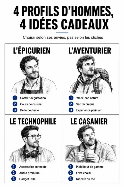 Infographie idées cadeaux anniversaire homme par profil