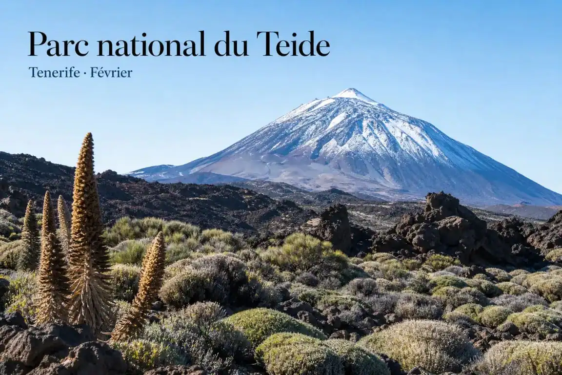 Paysage du mont Teide à Tenerife en février avec sommet enneigé et ciel bleu