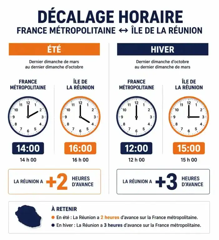 Infographie du décalage horaire entre la France et La Réunion selon les saisons