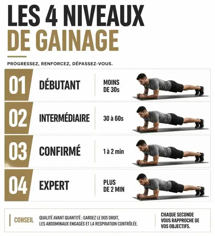 Infographie des niveaux de gainage et temps de maintien pour progresser efficacement