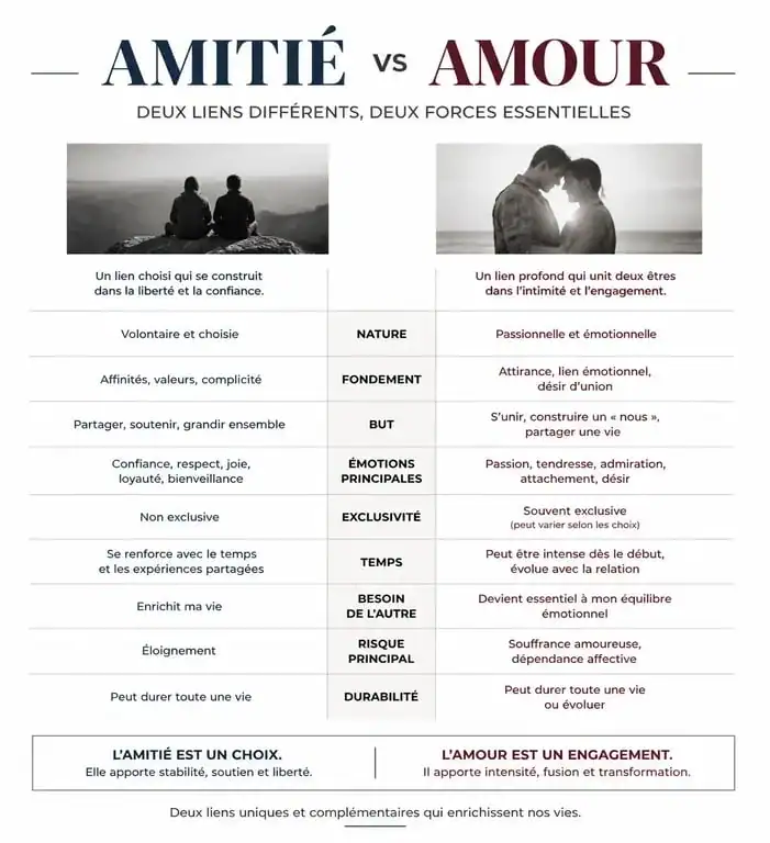 Infographie comparative entre amitié et amour : différences clés entre les deux sentiments.