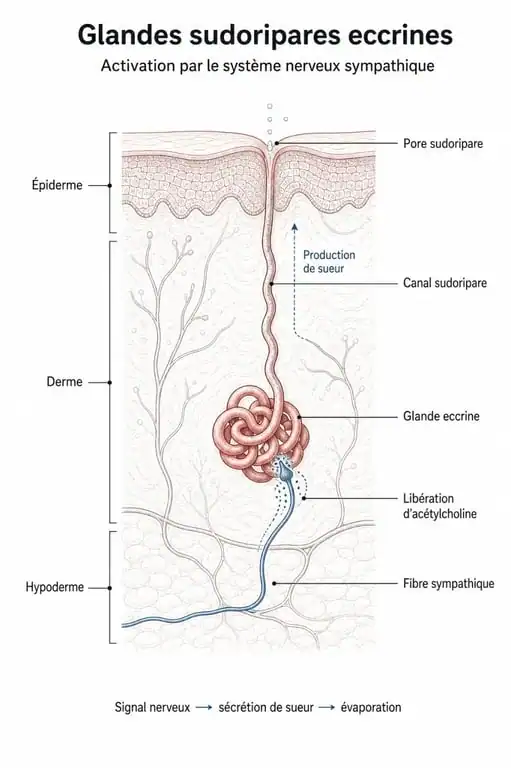 Schéma explicatif du fonctionnement des glandes sudoripares eccrines et de la transpiration du visage.