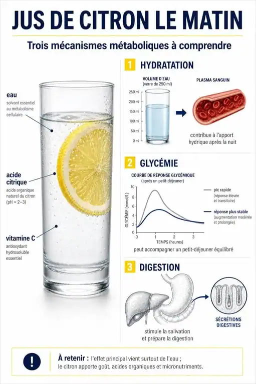 Infographie sur les bienfaits du jus de citron le matin pour maigrir et la santé métabolique