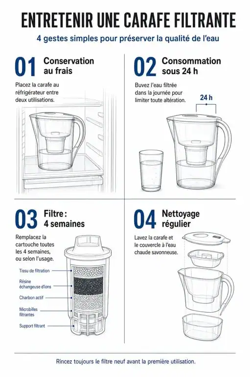 Infographie des bonnes pratiques d'entretien pour éviter les dangers des filtres Brita et carafes filtrantes