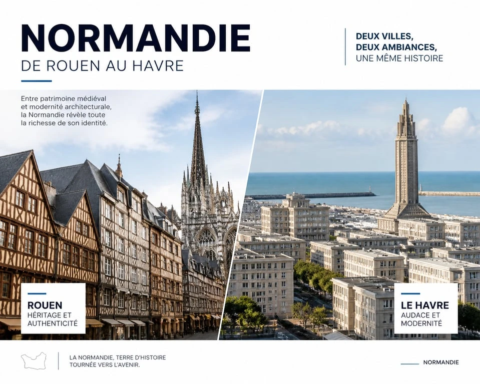 Vue panoramique illustrant la diversité architecturale d'une ville de Normandie, entre tradition et modernité.