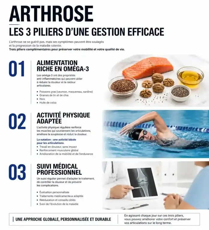 Infographie sur les piliers de gestion de l'arthrose et remède miracle