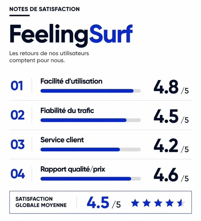 Tableau récapitulatif des avis et notes de satisfaction pour la plateforme de trafic FeelingSurf