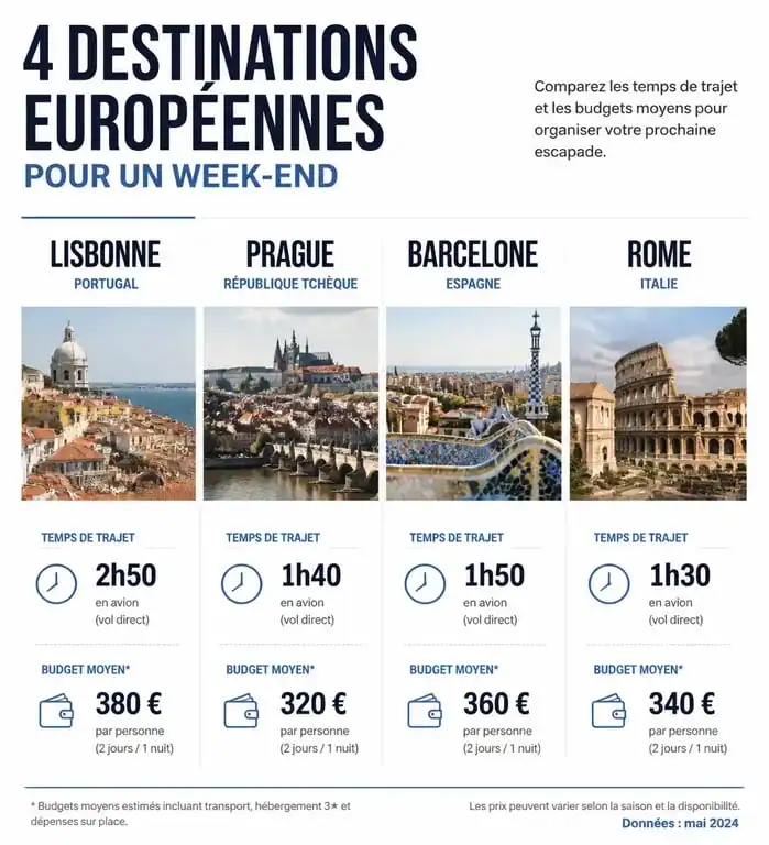 Comparatif des meilleures destinations pour un week-end en Europe avec budget et temps de trajet