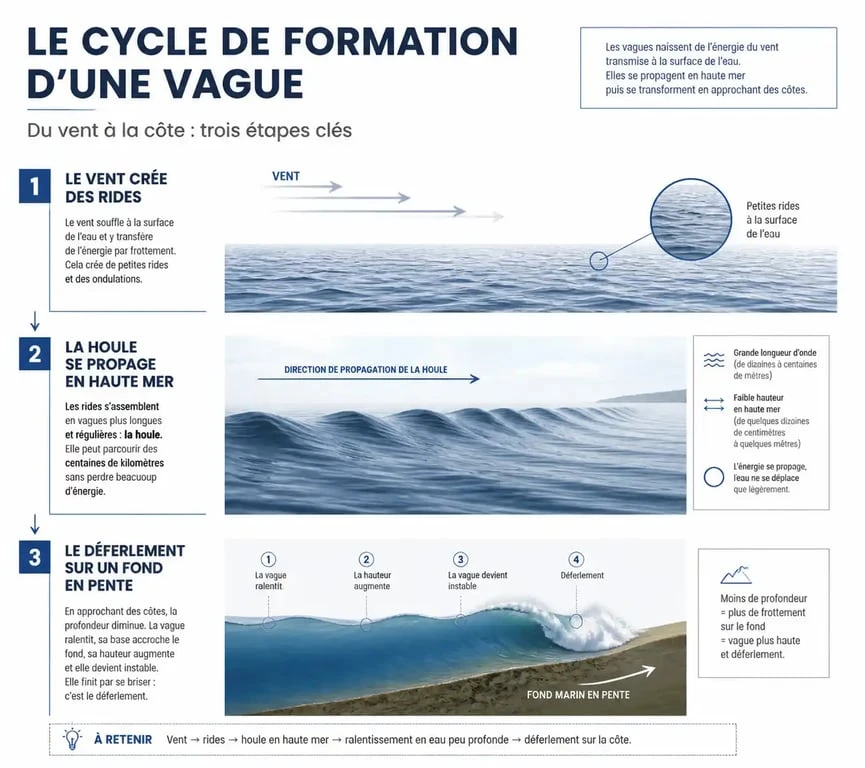 Schéma explicatif de la formation des vagues et du déferlement sur les côtes