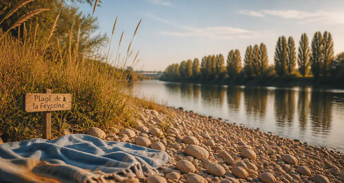 plage feyssine galets rhône coucher soleil
