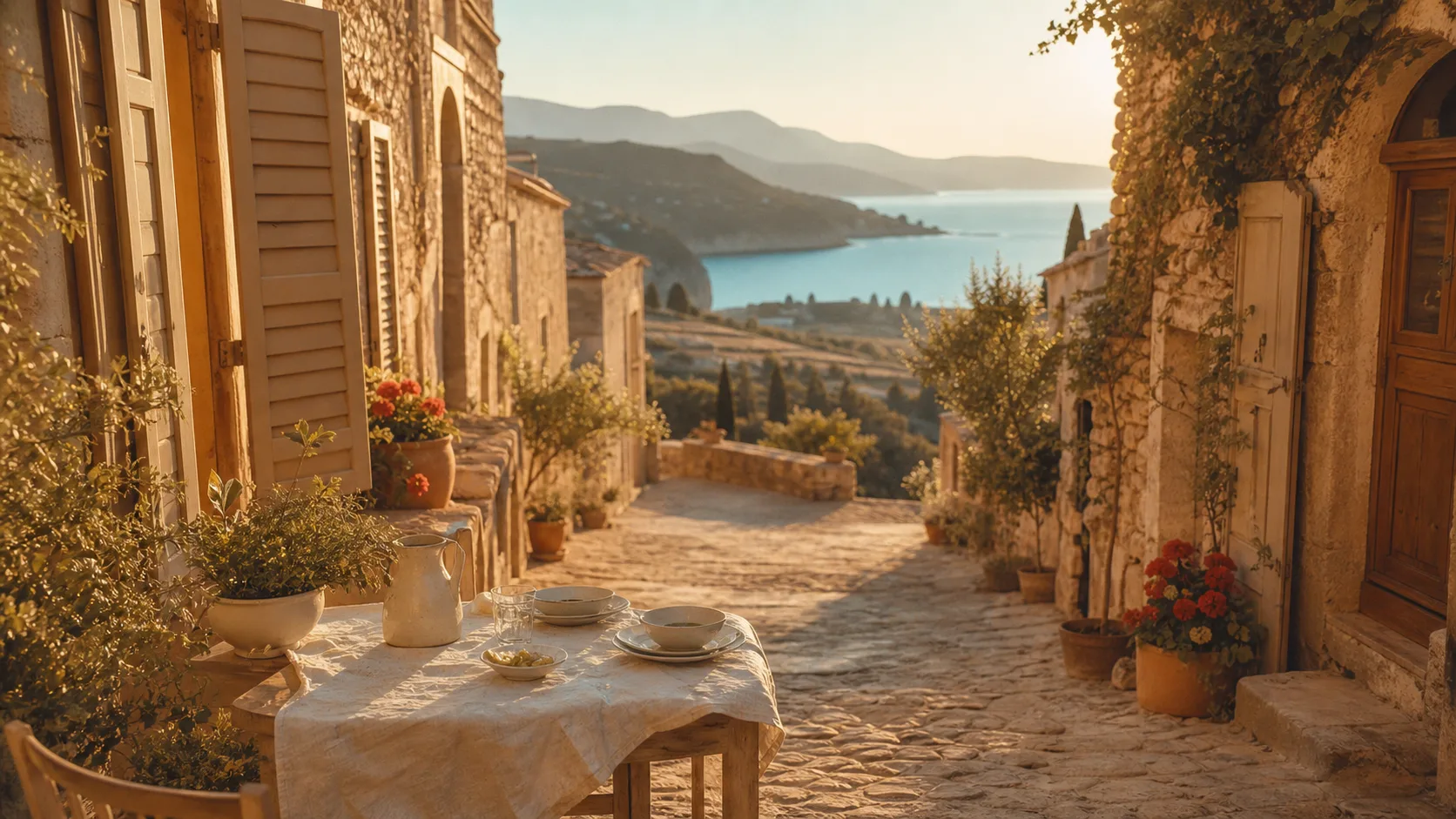 Beaux villages autour de sainte-maxime : ruelle de Grimaud au coucher du soleil
