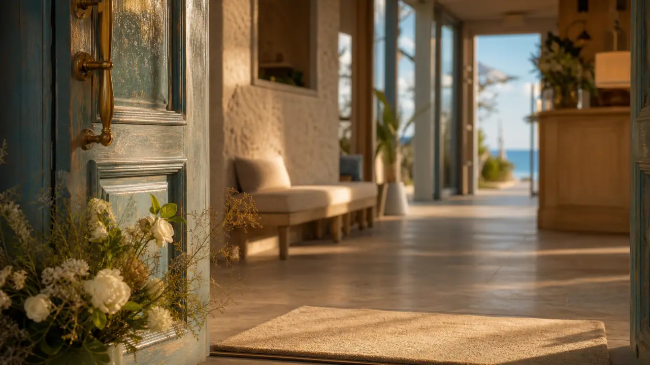 Boutique hotel def : entrée au coucher du soleil, poignée en laiton et hall intime