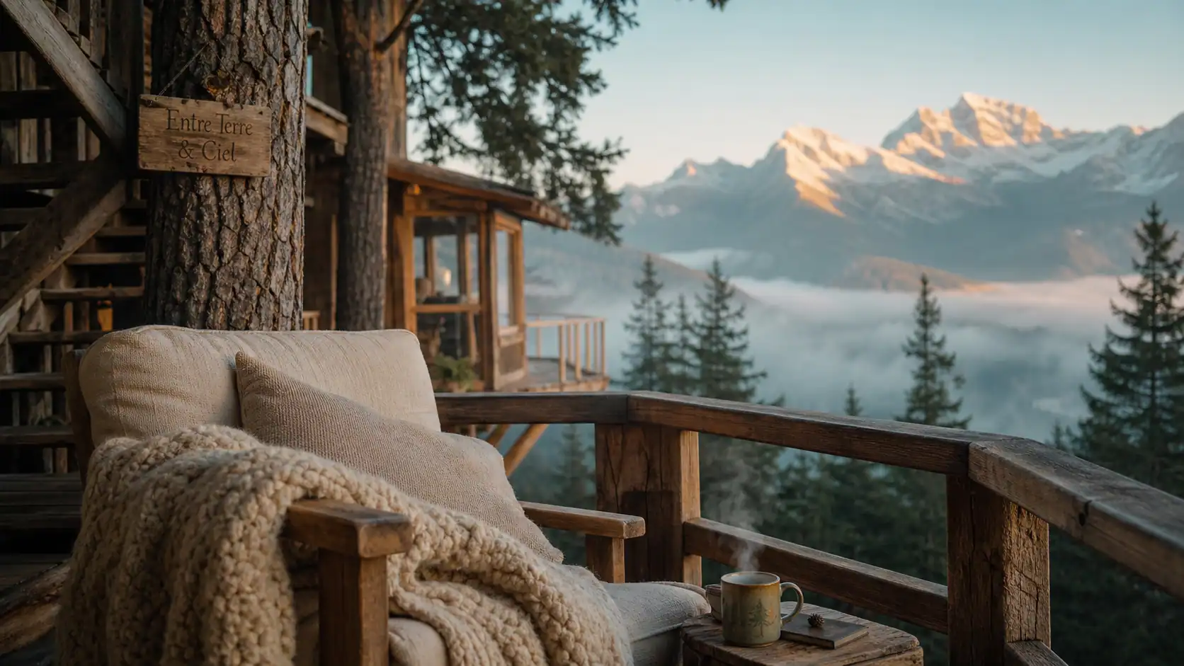 Cabanes dans les arbres entre terre et ciel : terrasse d’une cabane perchée avec vue montagne