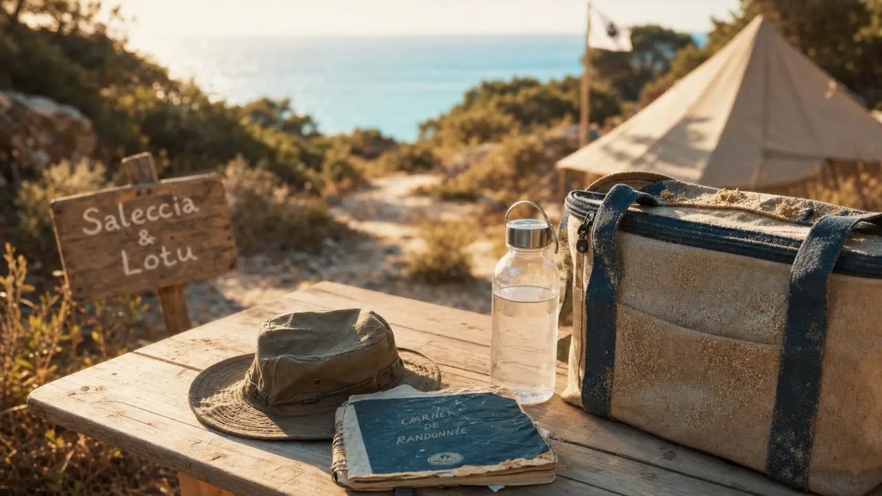 Camping desert des agriates : table de camping, sable et mer turquoise à Saleccia & Lotu