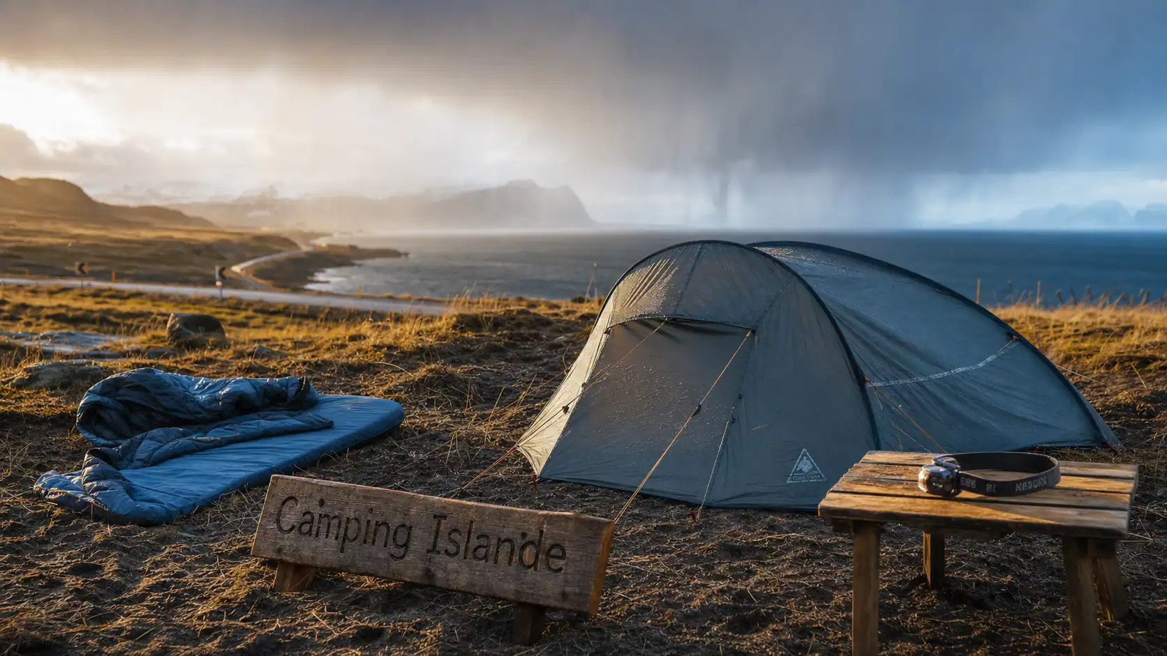 Camping en Islande : tente haubanée golden hour avec équipement