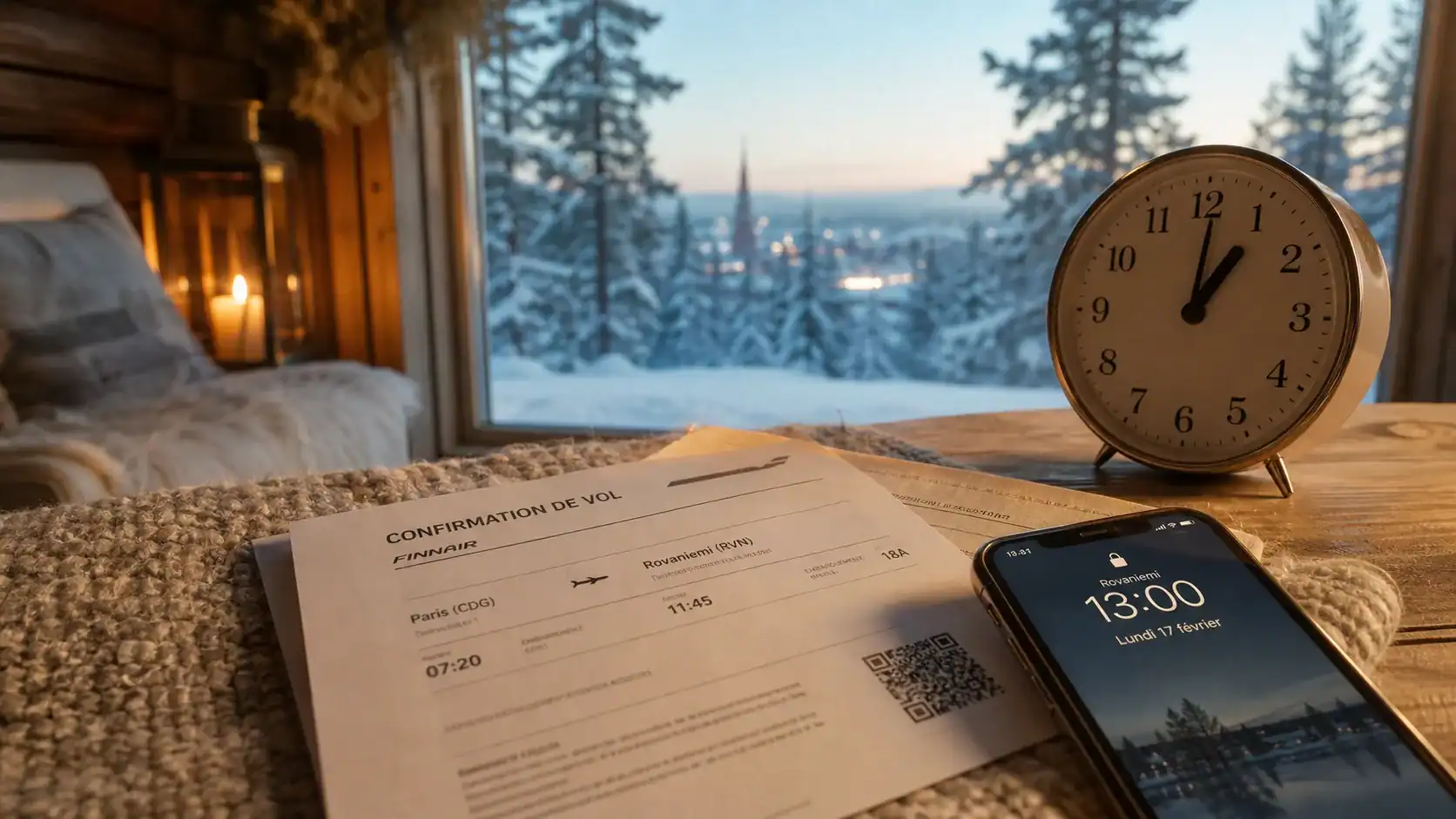Décalage horaire laponie : horloge à l’aube boréale, Rovaniemi +1 h, Kiruna 0 h