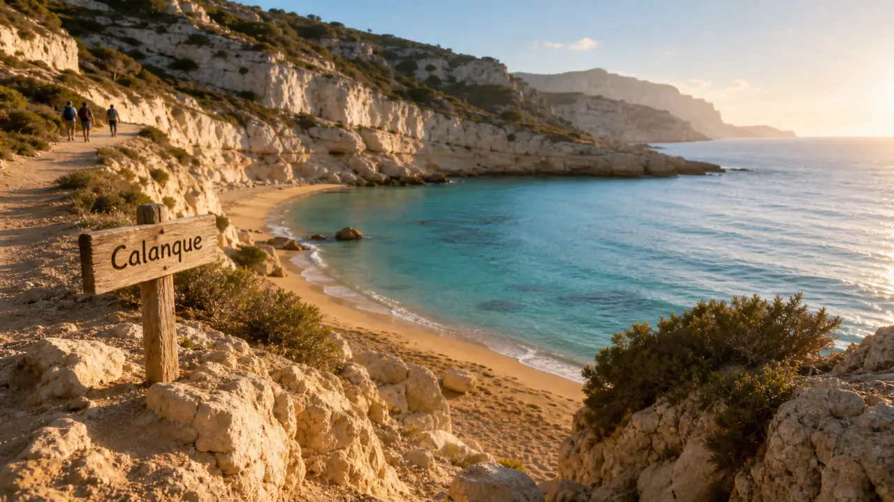 Endroit paradisiaque France : calanque turquoise au golden hour