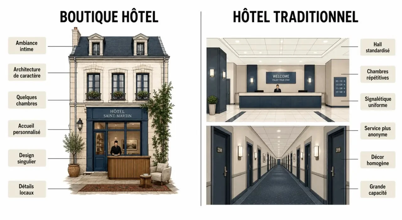 Boutique hotel def : comparaison visuelle entre boutique hôtel et hôtel traditionnel